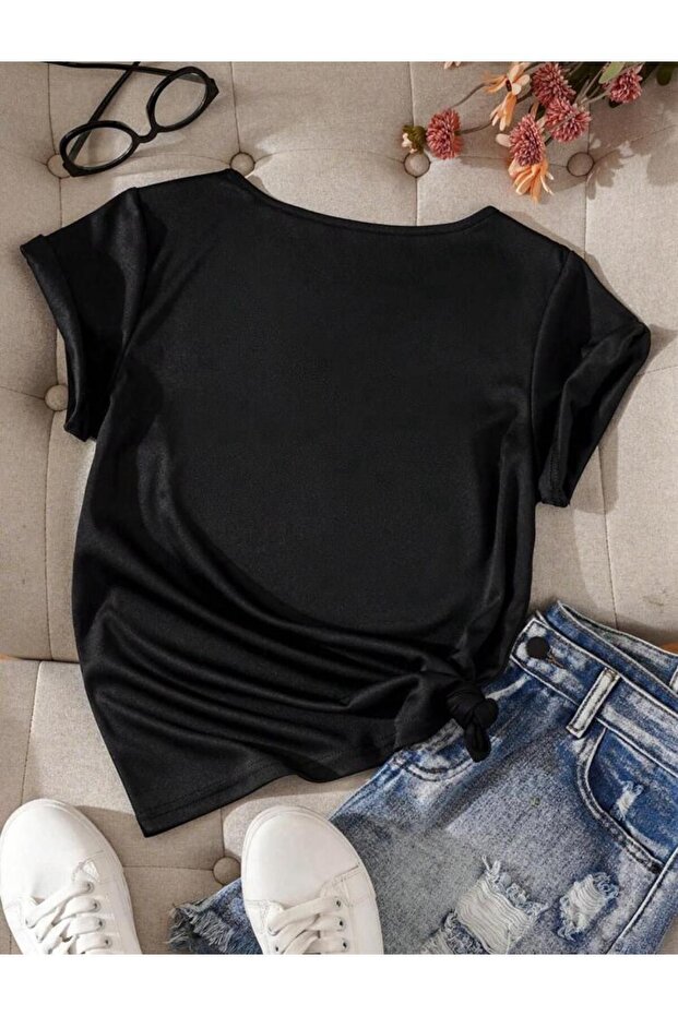 Koszulka bawełniana z nadrukiem kwiatowym i dekoltem w serek (NORMAL MOLD) - 3