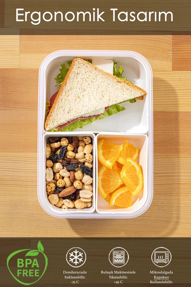 Rectangular 3-Compartment Portable Storage Container with Lid - Breakfast Diet and Lunch Box - 2