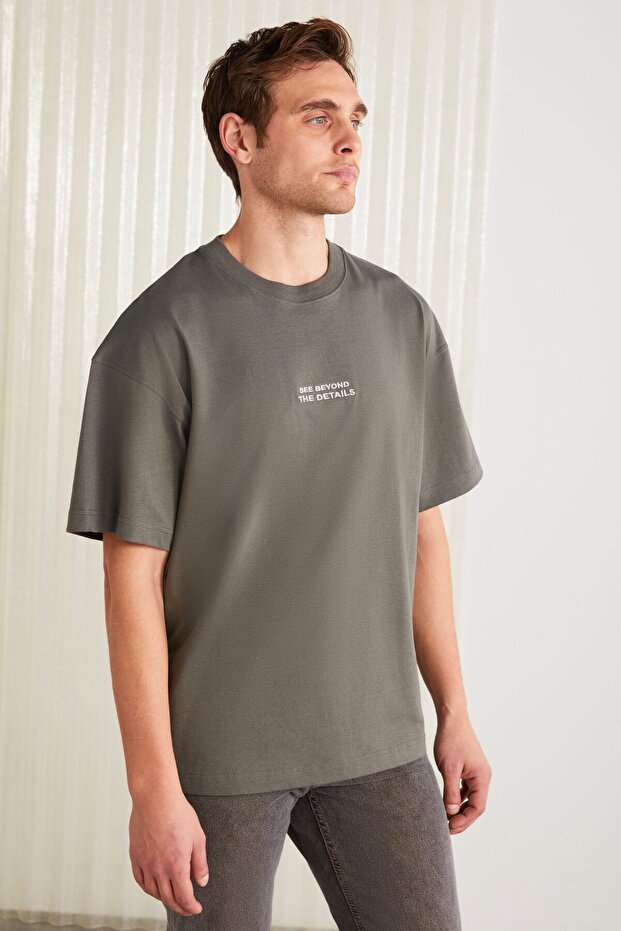 Vıto Men's 100% Organic Cotton Embroidered Text Detail Oversized Loose Fit Short Sleeve Gray T-shirt