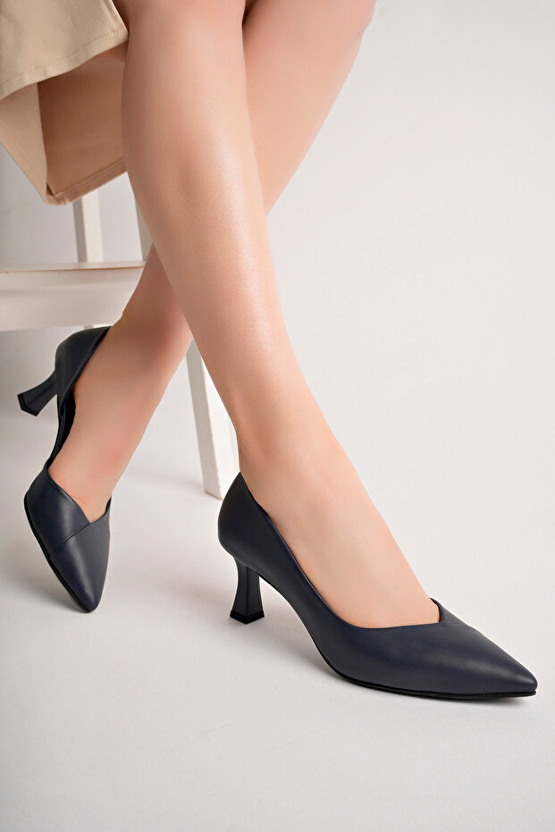 Genuine Leather Navy Blue Women's Leather Heeled Shoes Trc-92281