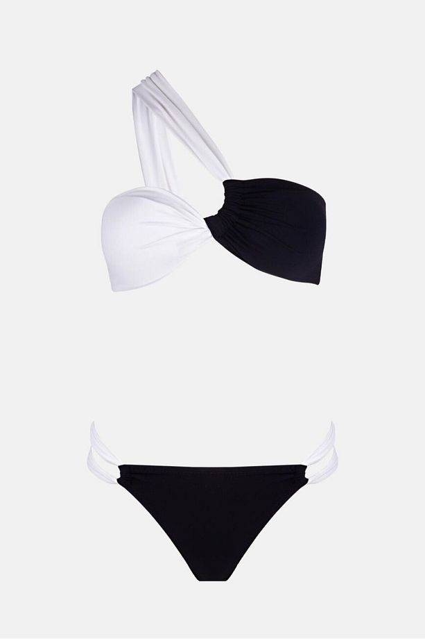 3403 Siyah Beyaz Tek Omuz Bikini Takımı - 4