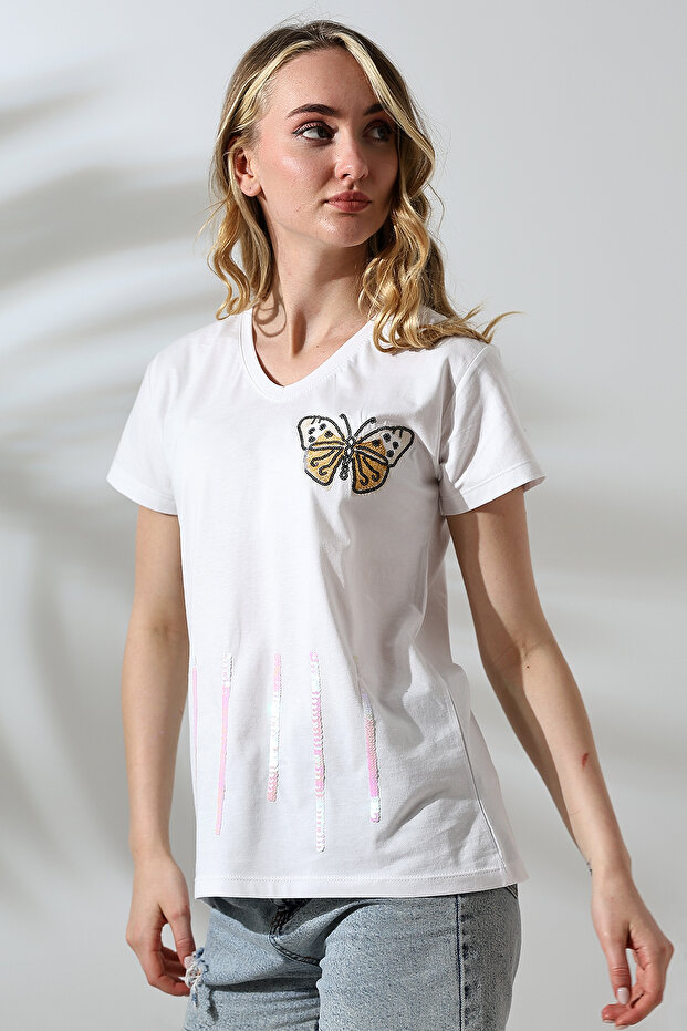 Butterfly Patterned Sequin V-Neck T-Shirt