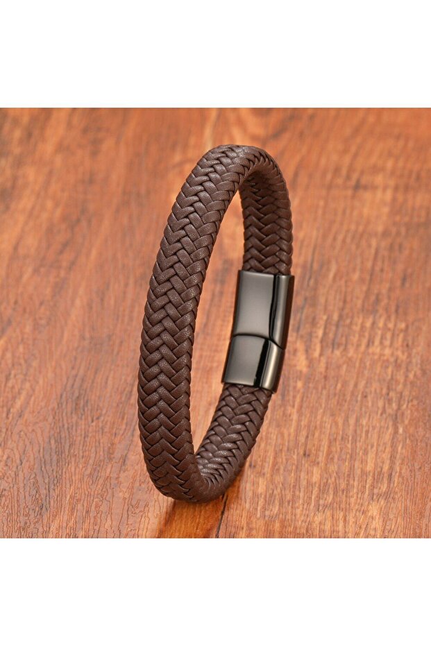 Çelik ve Deri Örme Klipsli Bileklik - 3