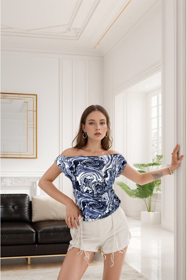 Women's Blue Patterned Short-Sleeved Boat neck Neck Stylish Summer Blouse