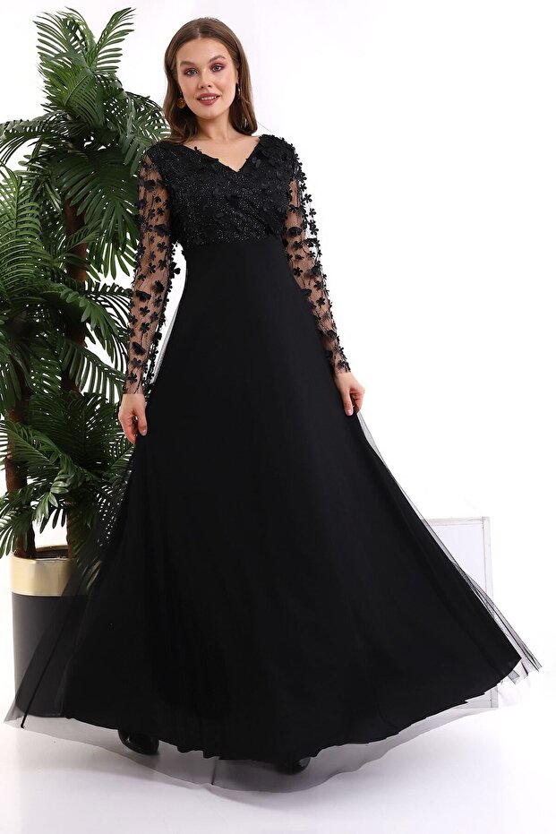 Black 3D Daisy Boat Neck Kiloş Dress F115