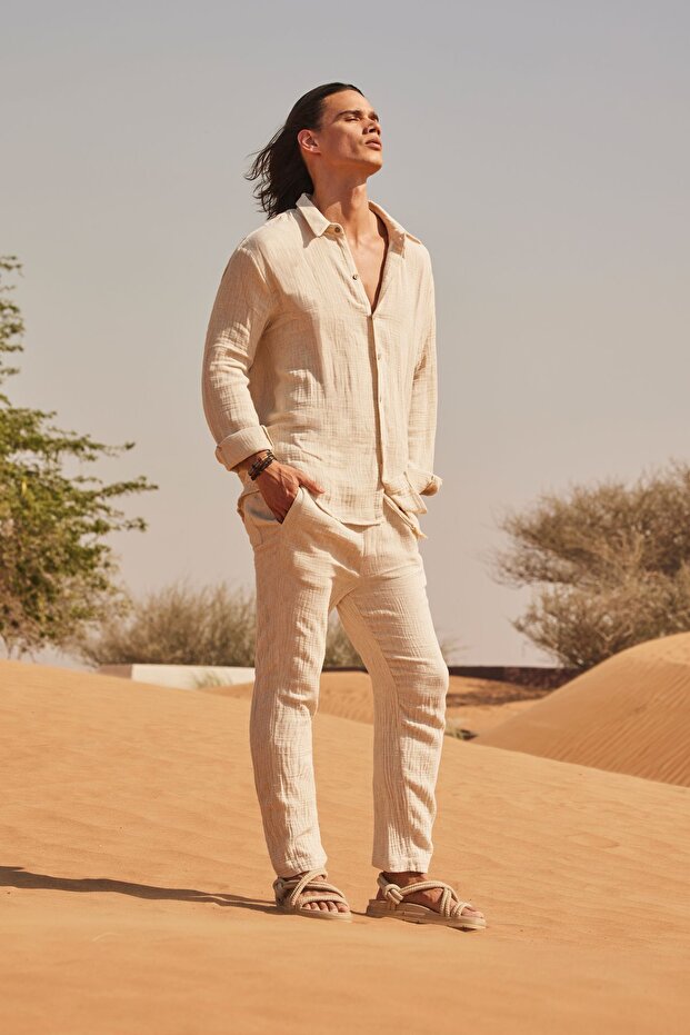 Beige Muslin Linen Shirt & Pants Set - 3