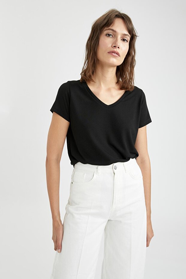 V Yaka Regular Fit Basic Kısa Kollu 2'li Tişört - 3