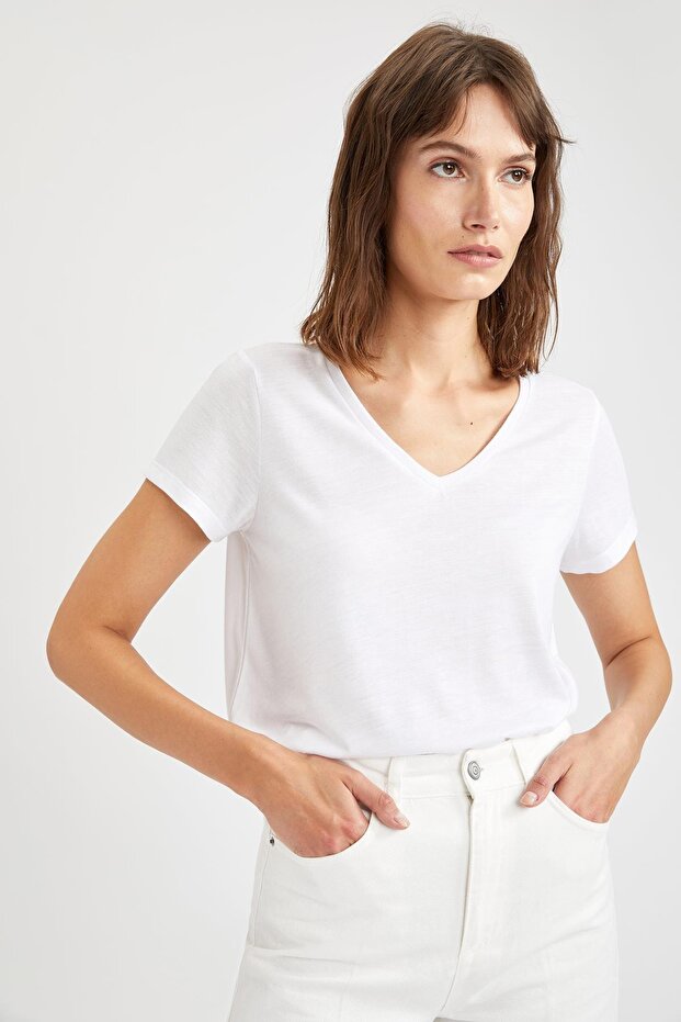 V Yaka Regular Fit Basic Kısa Kollu 2'li Tişört - 7