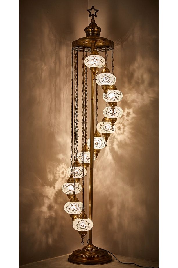 El Yapımı Otantik Boho Etnik Mozaik Renkli Cam Lambader Taban Lambası, 11 Camlı, 2.1 Metre - 1