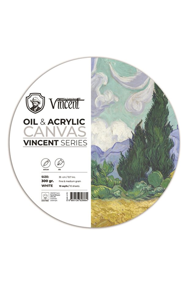 Vıncent Oil Acrylıc Circle Canvas White 300gr 35cm 10 Sheets Oil And Acrylic Paint Notebook