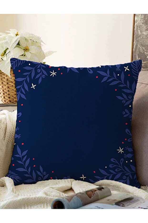 Navy Blue Background Floral Framed Digital Printed Decorative Raschel Knitted Pillow Throw Pillow Cover