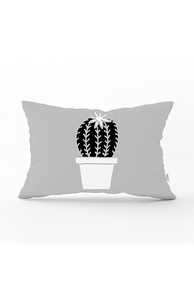 Gray Background Cactus Patterned Digital Printed Decorative Rectangular Throw Pillow Cover - 1