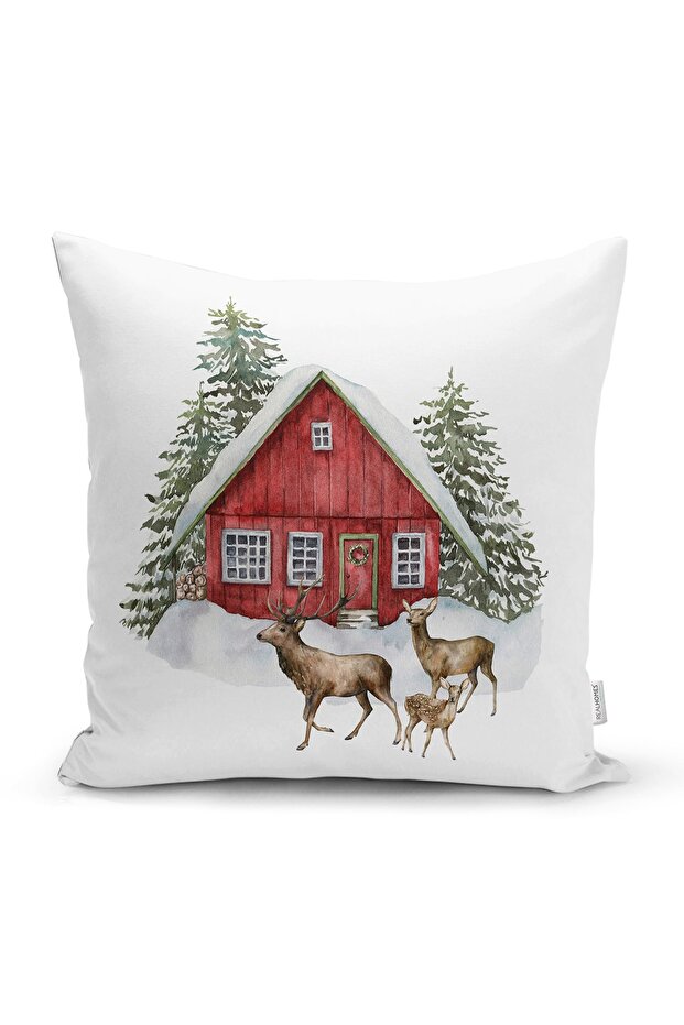 Winter Themed Deer And Connecting House Motif Digital Printed Modern Pillow Throw Pillow Cover