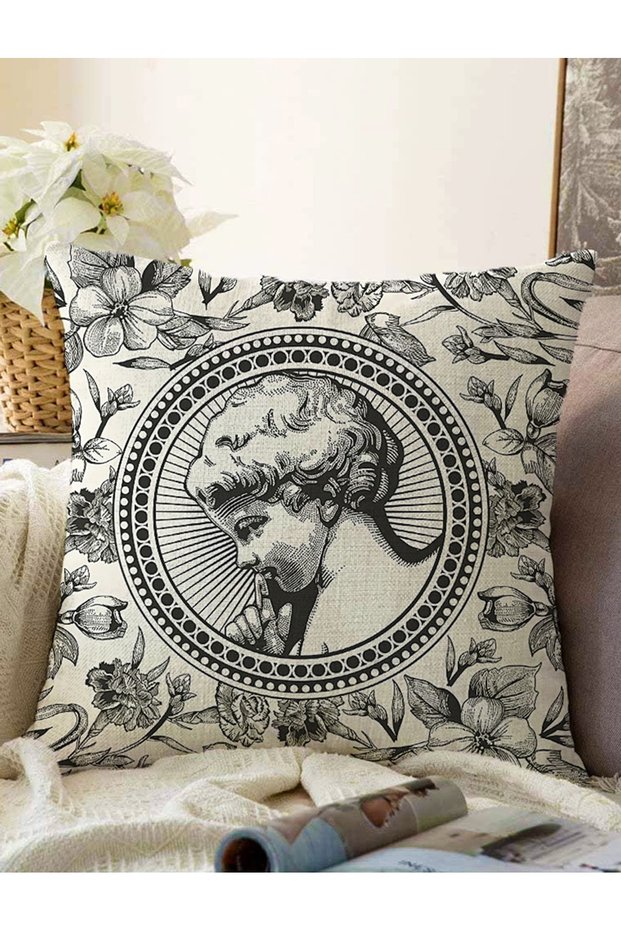 Charcoal Flower & Portrait Patterned Digital Printed Decorative Raschel Knitted Pillow Throw Pillow Cover
