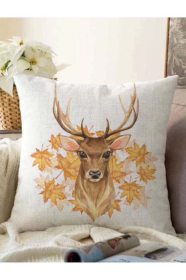 Gold Leaf Detailed Deer Design Digital Printed Decorative Raschel Knitted Pillow Throw Pillow Cover