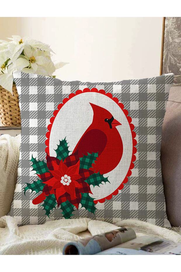 Digital Printed Modern Raschel Knitted Pillow Throw Pillow Cover with Gray Plaid Background & Red Bird Design