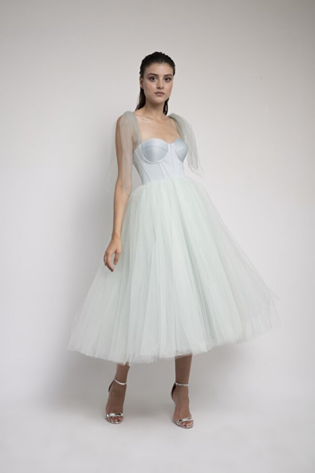 Water Green Midi Length Tulle Evening Dress