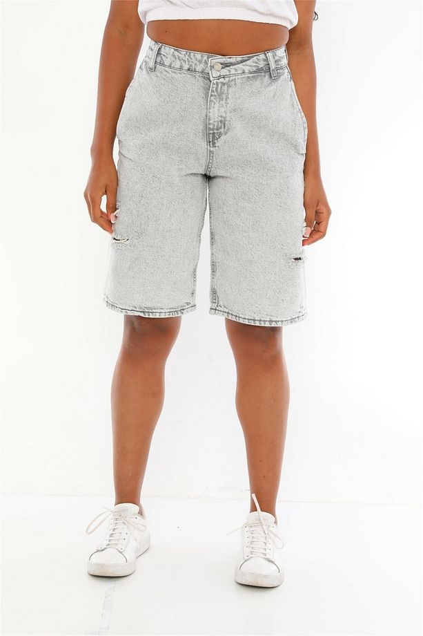 Kadın Lacivert Basic Denim Kar Yıkama Açık Gri Basic Şort - 3