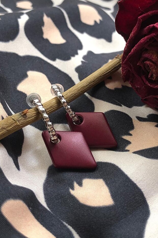 Matte Burgundy Color Antiallergic Tile Earrings