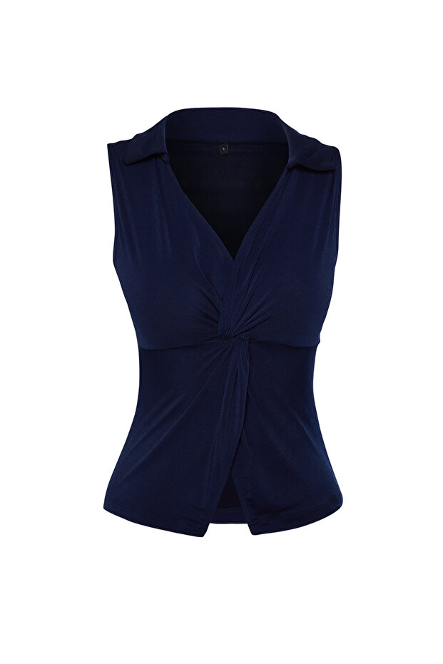 Lacivert Fitted/Vücuda Oturan Polo Yaka Esnek Örme Bluz TWOSS24BZ00085 - 6