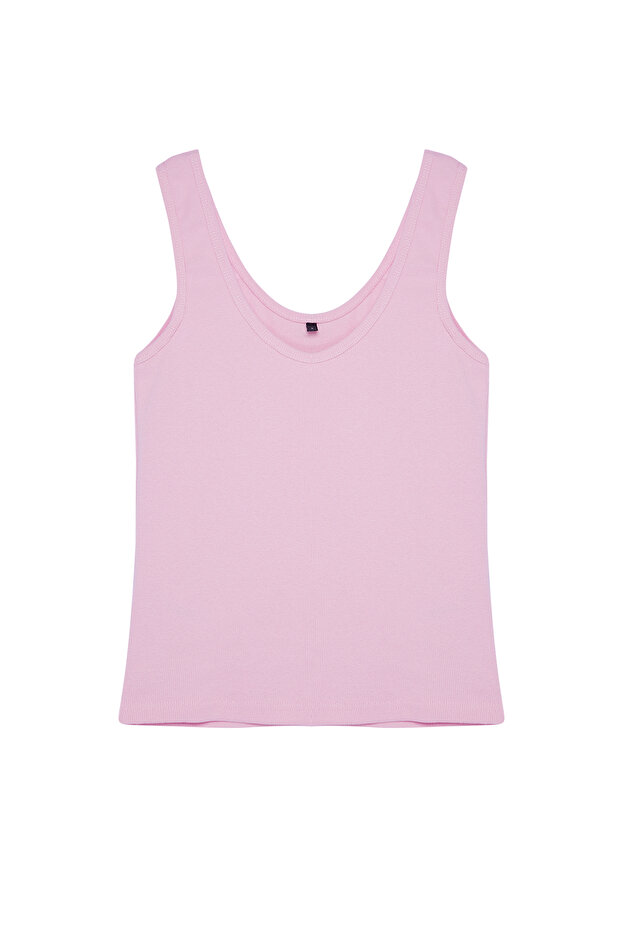 Açık Pembe Fitted/Vücuda Oturan Havuz Yaka Fitilli Esnek Örme Atlet TWOSS22AL0042 - 6