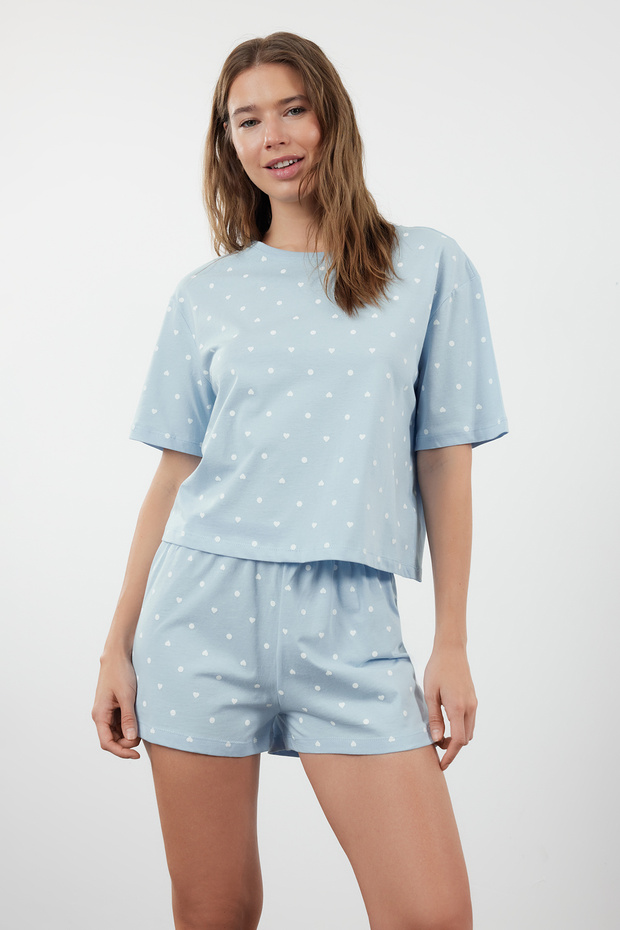 Mavi %100 Pamuklu Puantiyeli ve Kalpli Şortlu Örme Pijama Takımı THMSS21PT1485 - 3