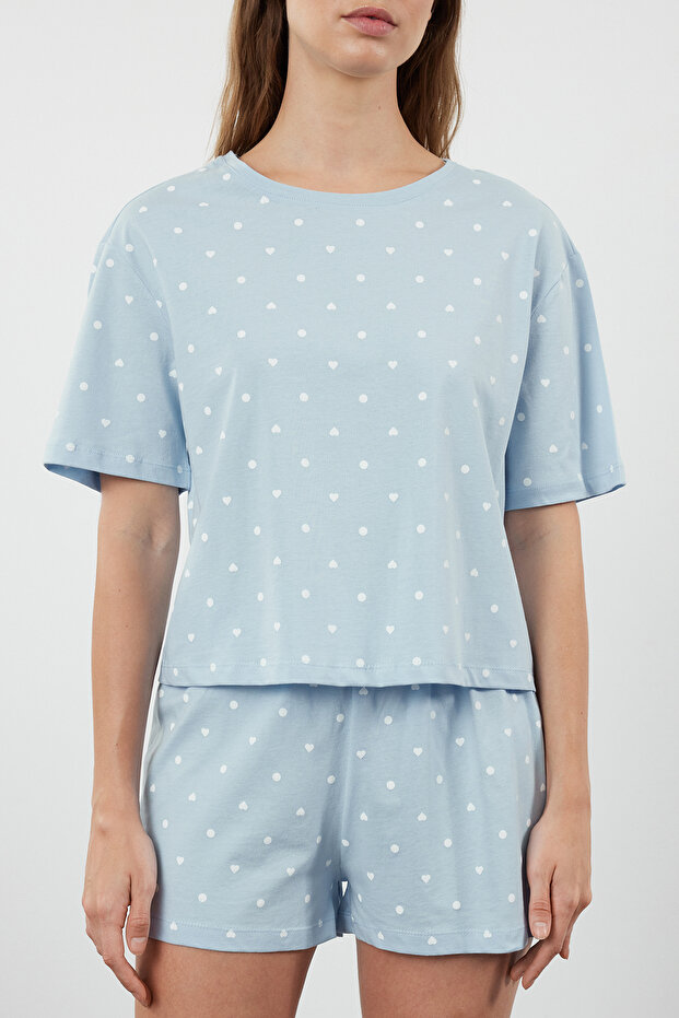 Mavi %100 Pamuklu Puantiyeli ve Kalpli Şortlu Örme Pijama Takımı THMSS21PT1485 - 4