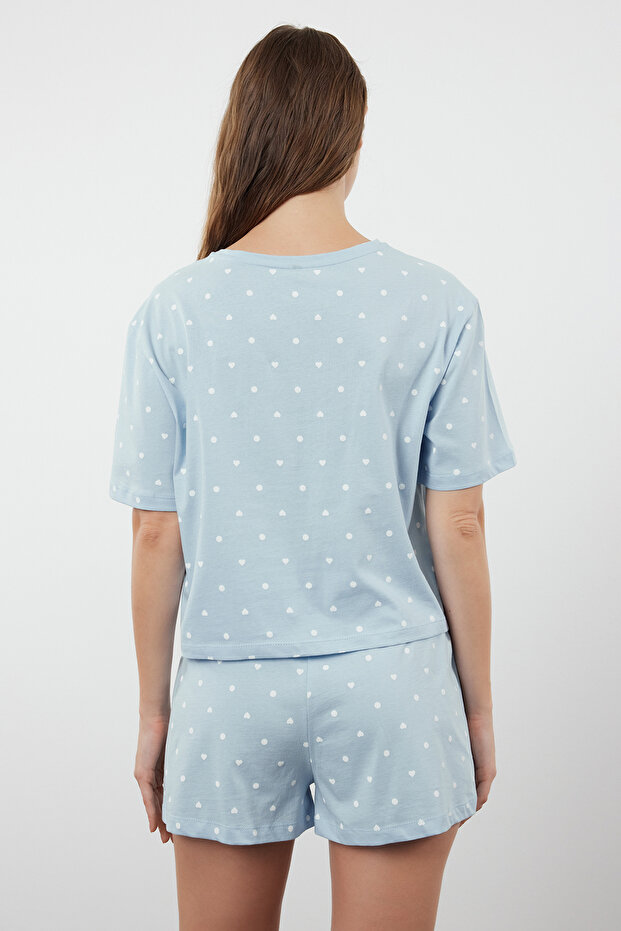 Mavi %100 Pamuklu Puantiyeli ve Kalpli Şortlu Örme Pijama Takımı THMSS21PT1485 - 6