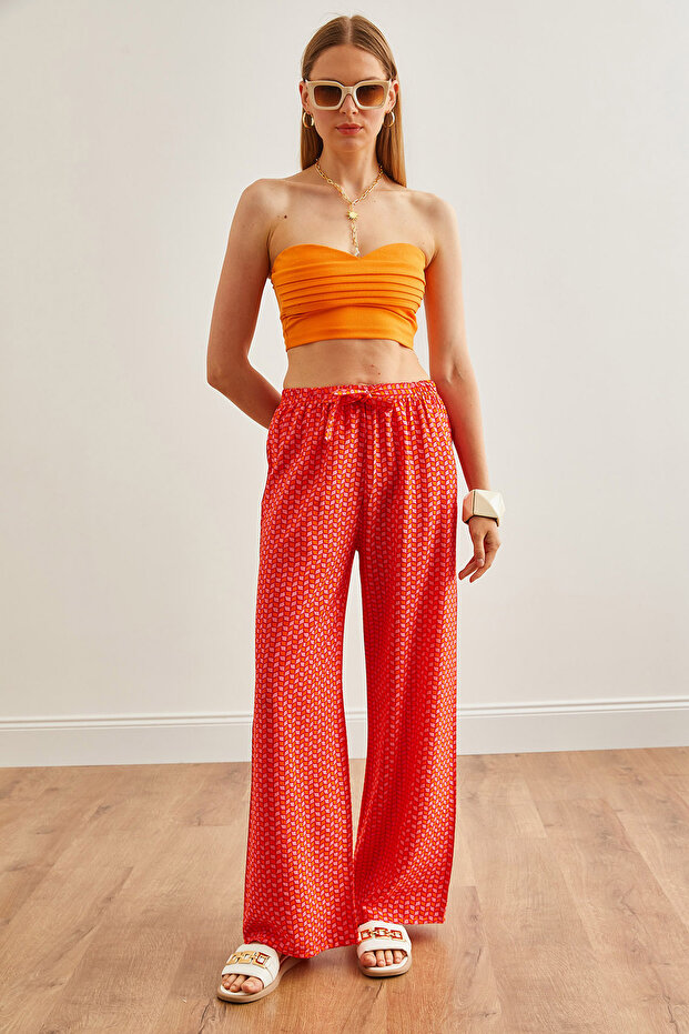 Women's Coral Geometric Patterned Woven Viscose Palazzo Trousers Pnt-19000282
