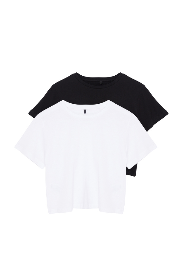 Siyah-Beyaz 2'li Paket %100 Pamuk Crop Bisiklet Yaka Örme T-Shirt TWOSS20TS1480 - 9