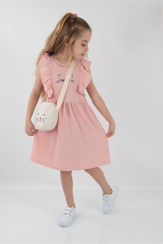 ZERO SLEEVE FIFFIRED SLEEVE DETAIL GIRL'S CUTE CAT PRINT DRESS WITH BAG
