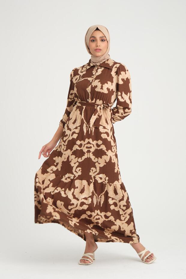 Women's Meterage Printed Woven Crepe Collared Long Dress - Brown