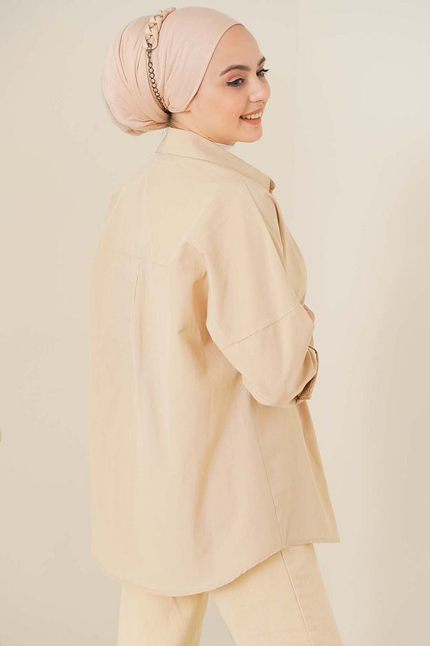 103901 Oversize Basic Tesettür Gömlek - Krem - 3