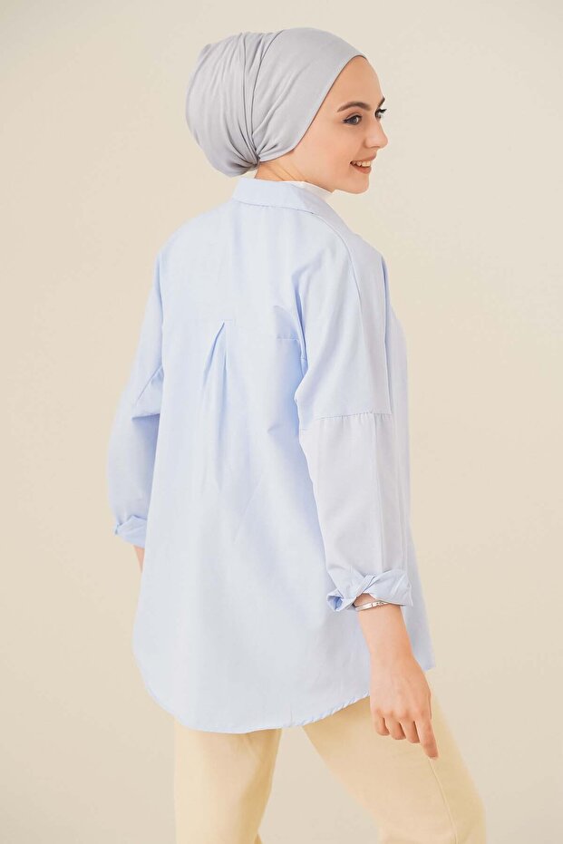 103901 Oversize Basic Tesettür Gömlek - Açık Mavi - 3