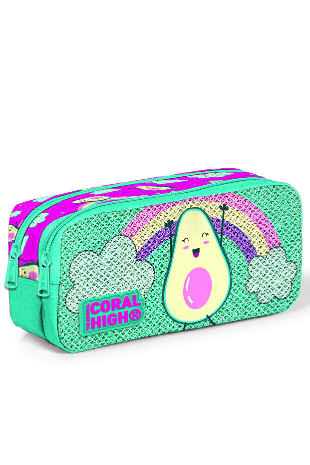 Kids Pink Water Green Avocado Patterned Glitter Two Compartment Pencil Bag 22396