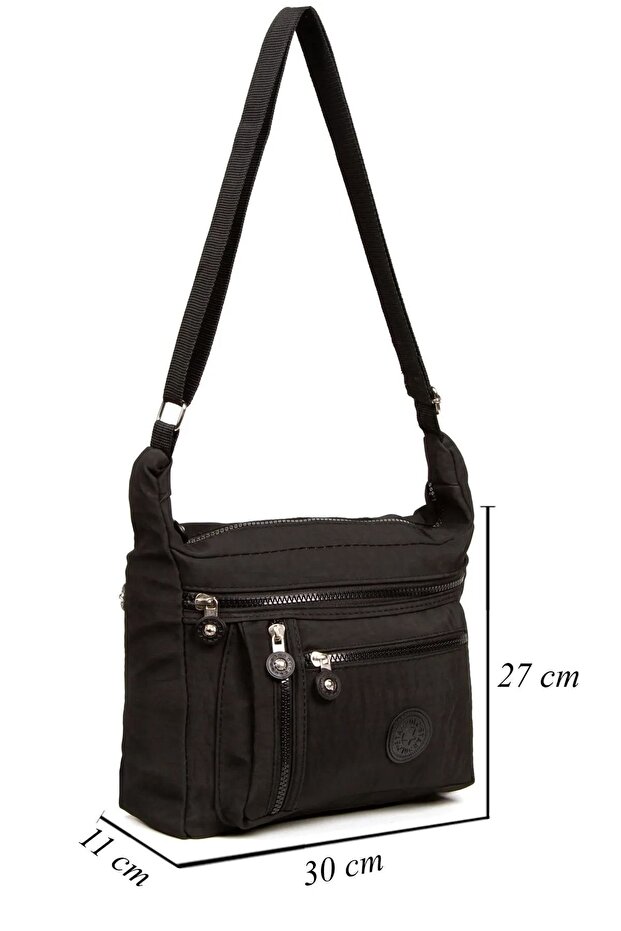 Women's Black Crinkle Fabric Medium Size Crossbody Multi-Compartment Shoulder Bag