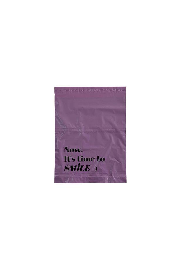 Cepsiz Renkli Kargo Poşeti - 25x30 Cm - Lila - 100 Adet - 'Now, It's Time To Smile :)' Baskılı - 2