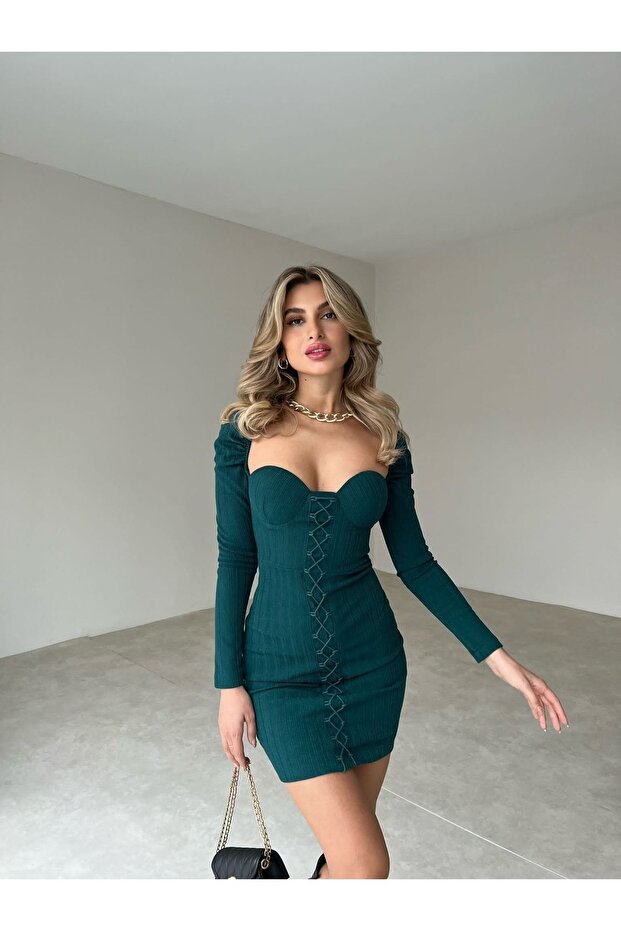 Kadın Yeşil Önü Boydan Çapraz ip Detaylı Elbise - 2