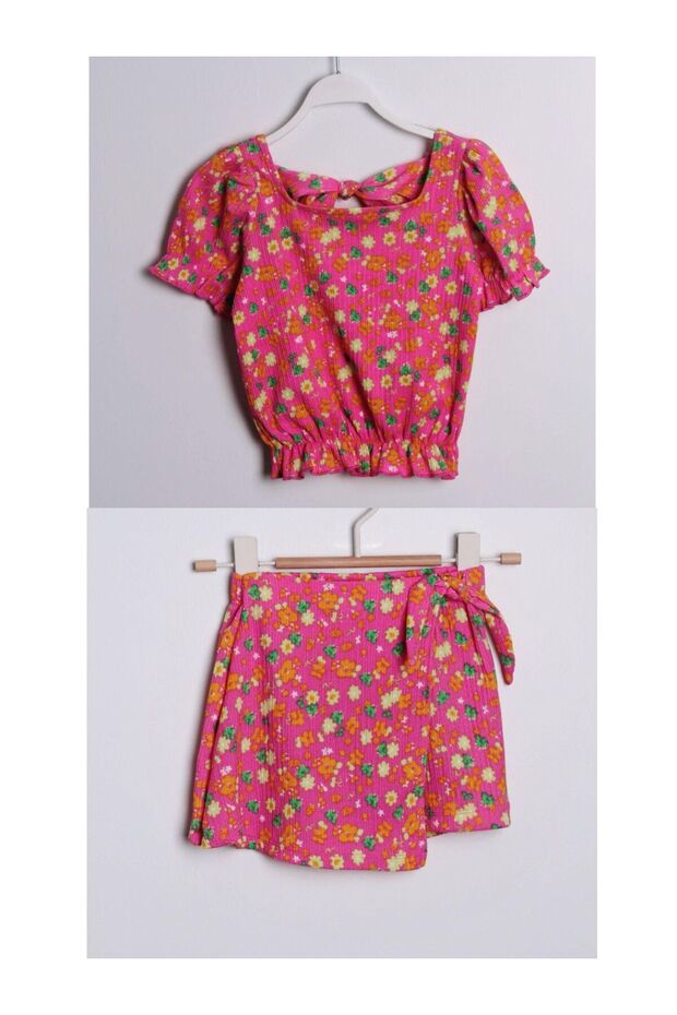 Girl's Floral Print Ruffle Detailed Blouse and Shorts Skirt Set