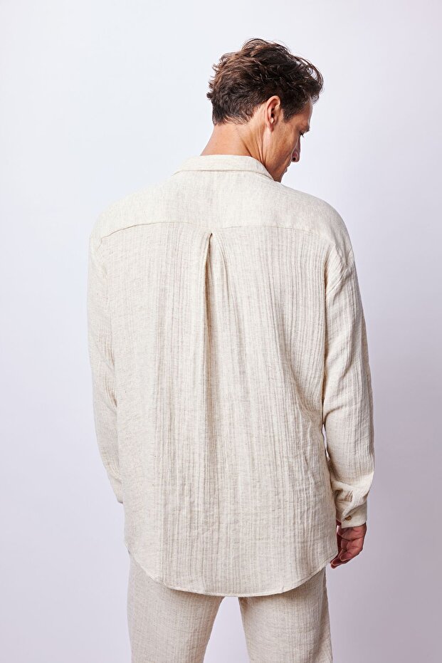 Beige Muslin Linen Shirt & Pants Set - 8