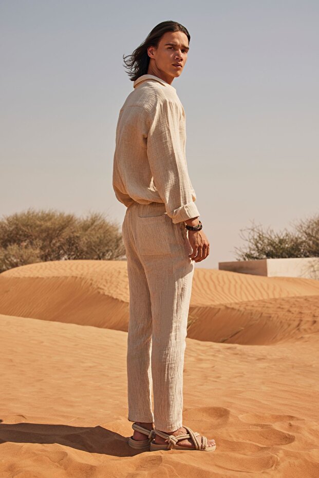 Beige Muslin Linen Shirt & Pants Set - 4