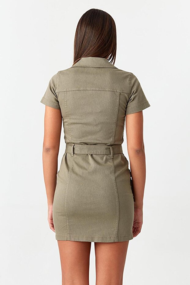 Kadın Haki Fermuarlı Mini Denim Elbise - 2