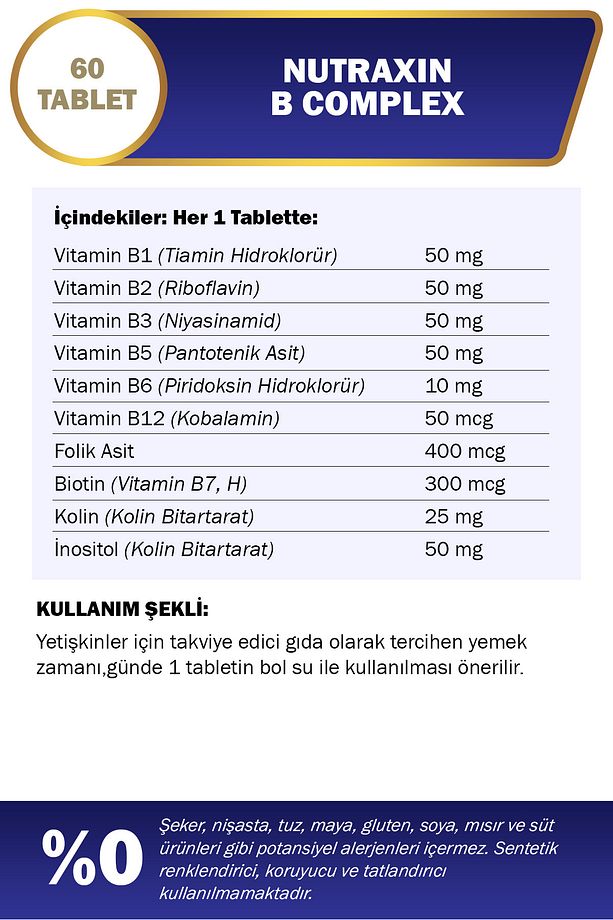 2 Adet Nutraxin B Vitamin Complex 60 Adet Tablet - (B1-B2-B3-B5-B6-Biotin-B12) - 3