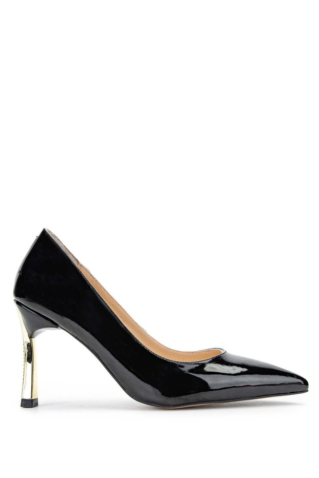 Women's Vegan Black Patent Leather/Gold Stiletto Shoes