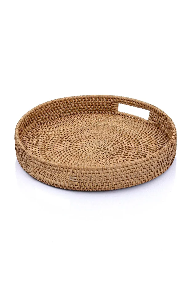 Meander Handmade Round Large Size Rattan Multi-Purpose Tray with Handle 35cm 8981 - 1