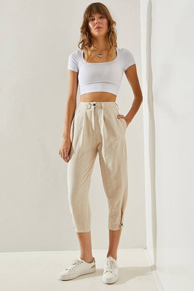 Women's Beige Button Detailed Linen Textured Trousers 60251262