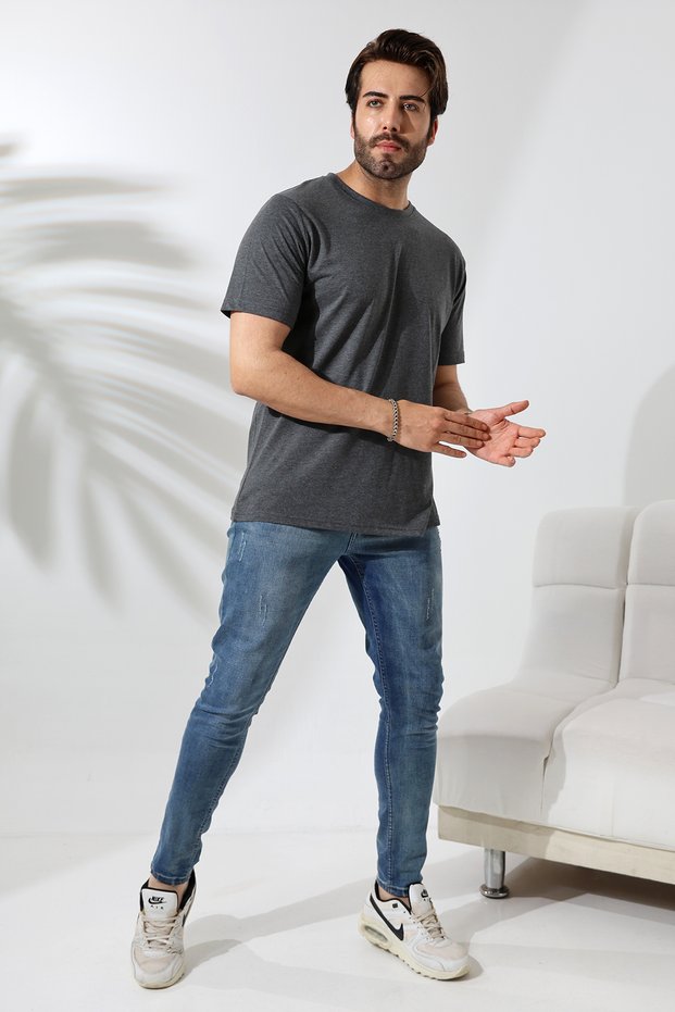 Men's 100% Cotton Combed Cotton Compact Crew Neck Comfort Fit Basic T-Shirt 21751 Anthracite Melange