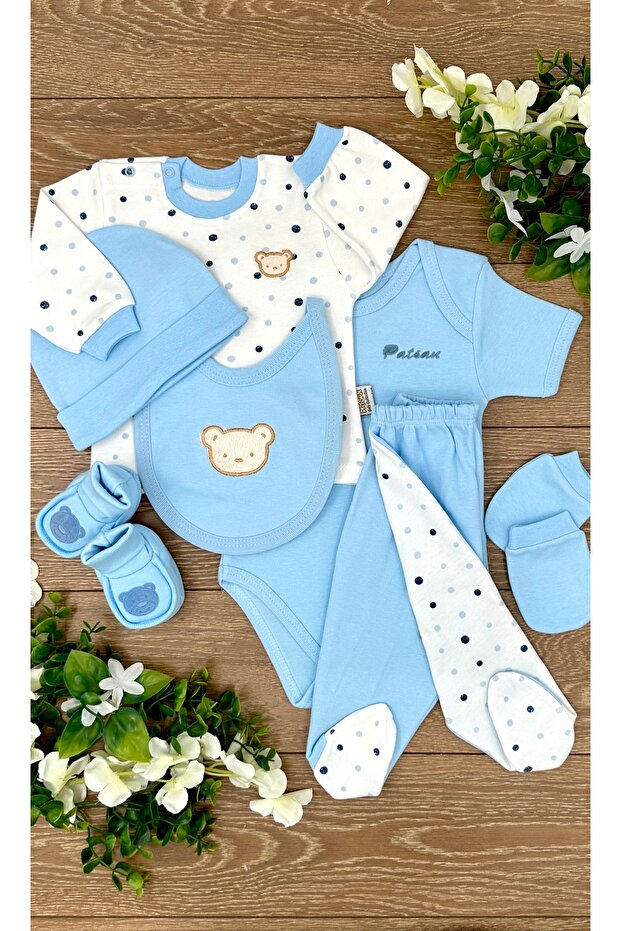 7-Piece Cotton Baby Hospital Outfit (Romper-Pajamas-Bodysuit-Hat-Gloves-Bib-Boots) with Monthly Dots