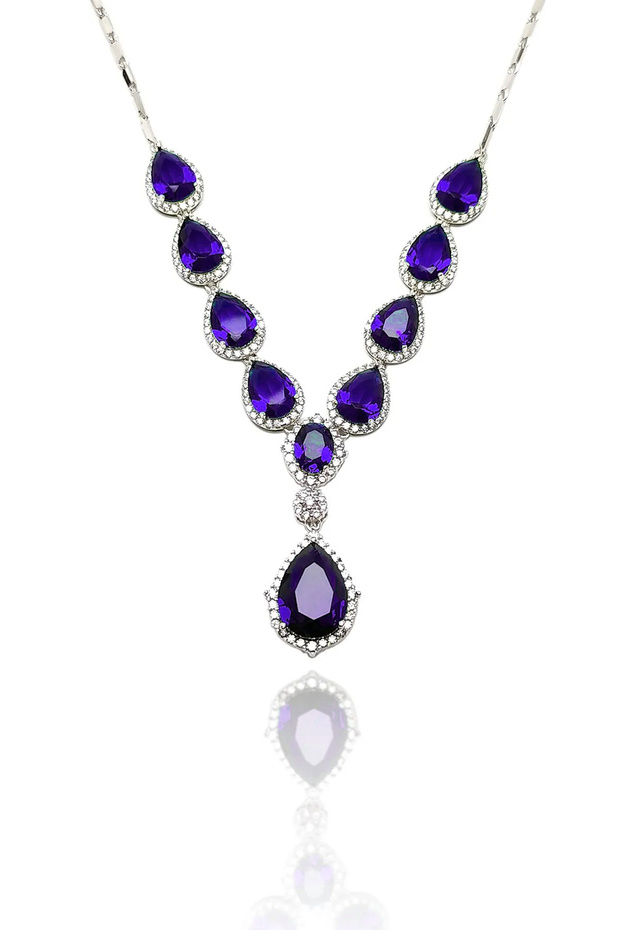 Ametist Taşlı Damla Model 925 Ayar Gümüş Dörtlü Set 201023088 - 2