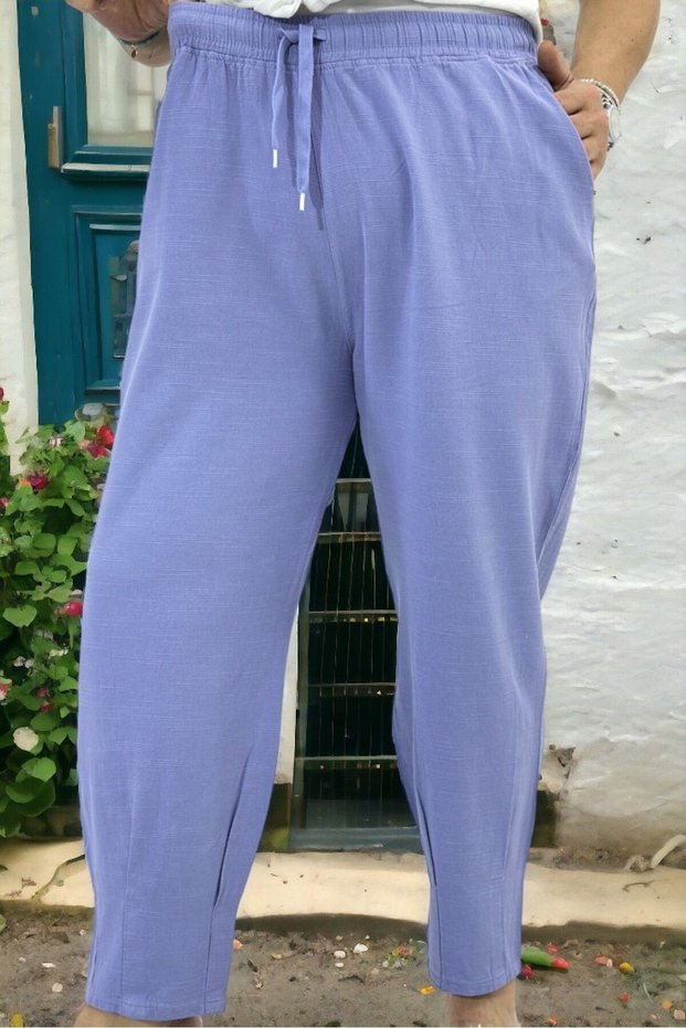 PLEATED BIG SIZE COTTON LINEN PANT WITH ELASTIC WAIST AND LACE-UP LAPES